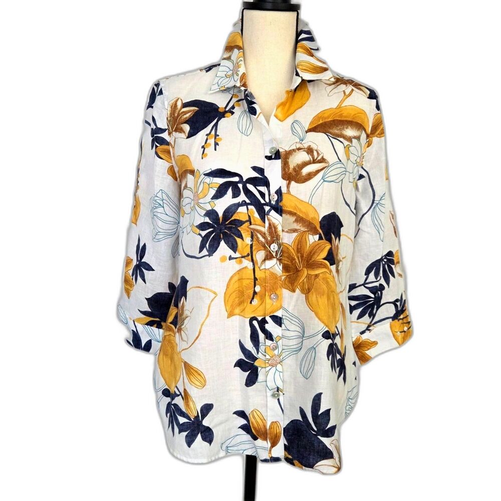 Chico's No Iron 100% Linen Tropical Floral Button Blouse Shirt Top Sz 8 White